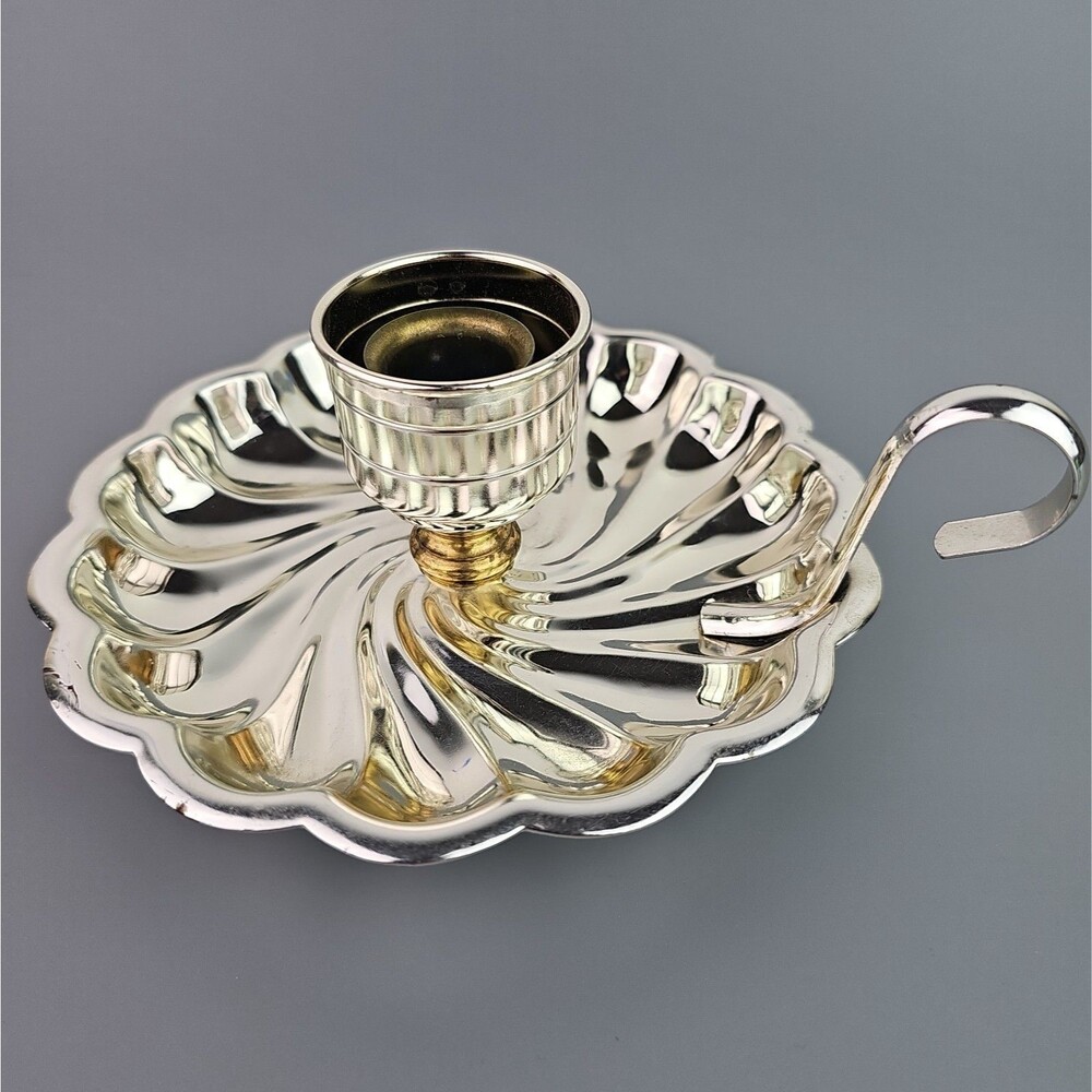 Silver Tone Chamber Candlestick Candle Holder Scalloped Swirl Tray Finger Handle